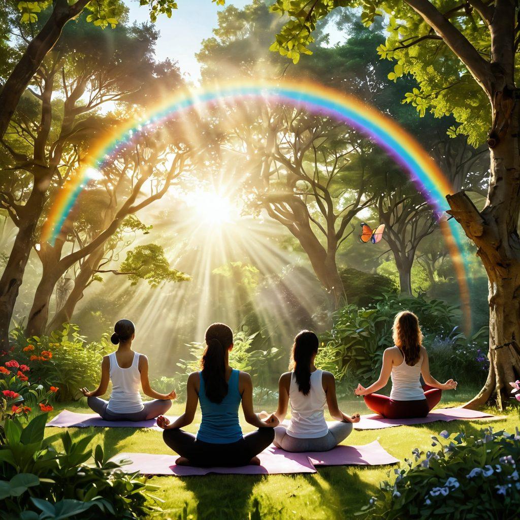 A serene landscape featuring a diverse group of women of varying ages and ethnicities engaging in wellness practices like yoga and meditation, surrounded by lush greenery and soft sunlight filtering through trees. In the background, a glowing symbol of hope, such as a rising sun or a vibrant rainbow, signifies empowerment and advocacy. Elements of nature, such as flowers and butterflies, enhance the sense of tranquility and renewal. super-realistic. vibrant colors. uplifting atmosphere.