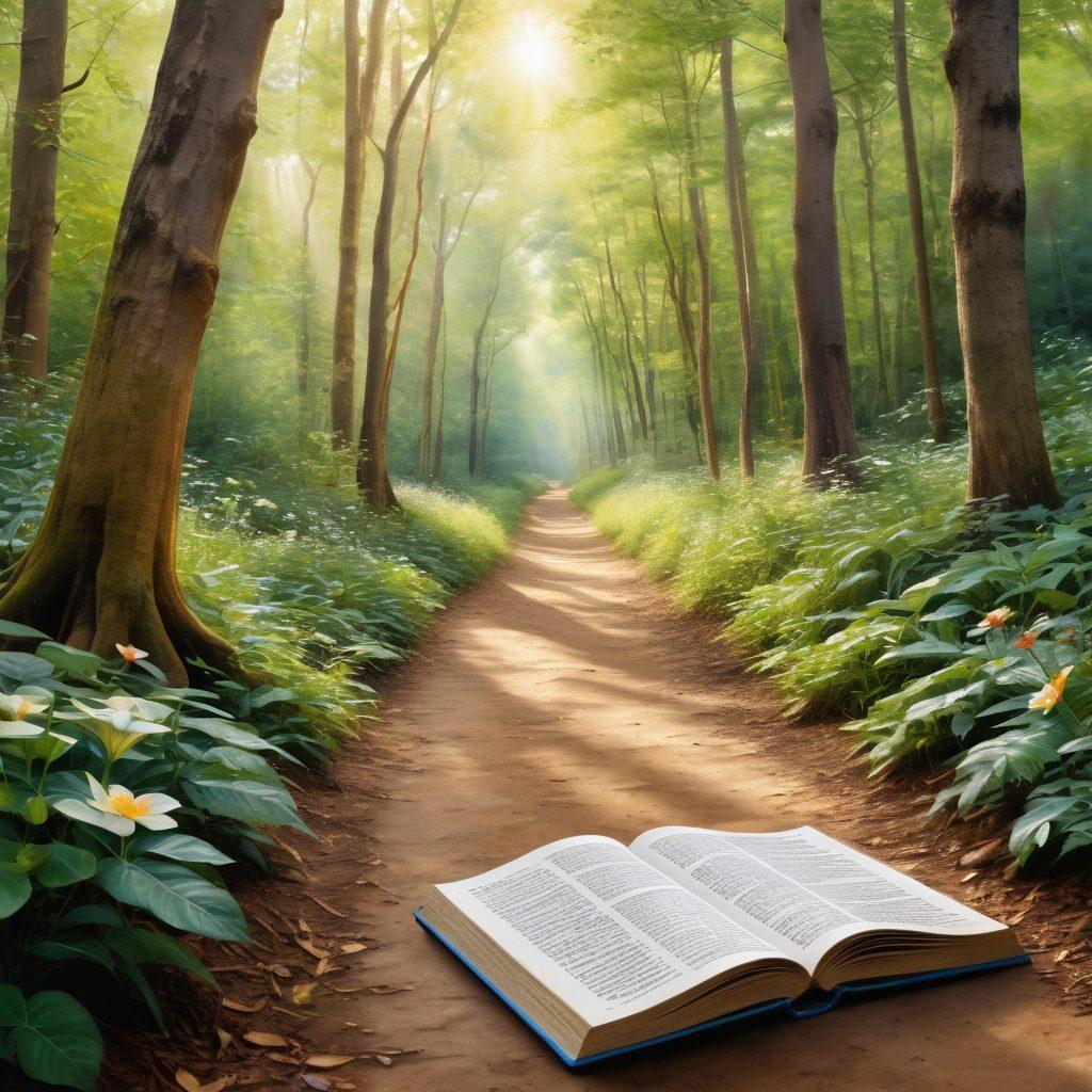 A serene pathway winding through a tranquil forest, illuminated by soft sunlight filtering through leaves. Alongside the path, various empowering symbols of support, like an open book, a helping hand, and blooming flowers, represent resources for female survivors. In the distance, a group of diverse women walking together, embodying solidarity and strength. The scene conveys hope and resilience. watercolor painting. vibrant colors.