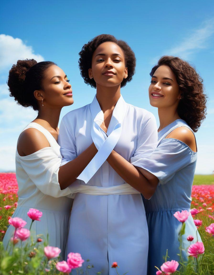 A powerful image of diverse women united in strength and resilience, standing together in a vibrant field under a clear blue sky, each with a symbol of hope (like a ribbon or flower) in their hands. In the background, a subtle outline of a cancer awareness ribbon intertwined with blooming flowers, representing growth and survival. Their expressions convey determination and hope. super-realistic. vibrant colors. uplifting atmosphere.
